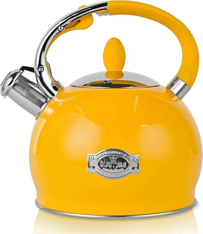 SUSTEAS Stove Top Whistling Tea Kettle - Food Grade Stainless Steel Teakettle Teapot with Cool Touch Ergonomic Handle, With 1 Silicone Pinch Mitt Included, 2.64 Quart,YELLOW