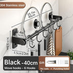 Hanging Wall Mount knife Wall Mount, Kitchen Organizer Storage Shelf for Utensils Spatula Spoon, Space-Saving Knife Rack with Hooks,Wall-Mounted Utensil Holder (Black, 40CM+Single Pole+6Hooks)
