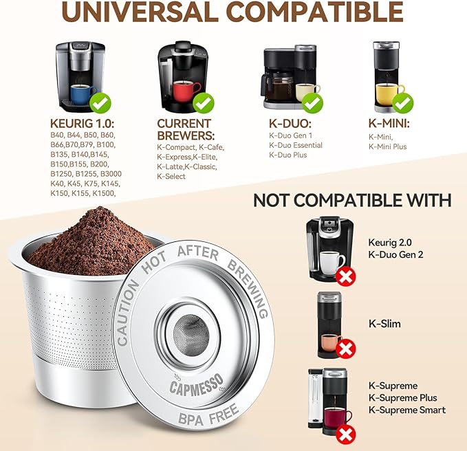 CAPMESSO Reusable K Cups for Keurig 1.0: Stainless Steel Coffee Pod Metal Refillable K Cup - Universal Coffee Filters for Keurig 1.0 Coffee Maker, Eco-Friendly, Innovative Design