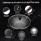 Wok, 13 Inch carbon steel wok pan with steamer & stir-fry pans nonstick, Pre-Seasoned 5.8QT Flat Bottom Chinese Woks Paella Pan with lid, Carbon Steel Cookware, Compatible with All Cooktops