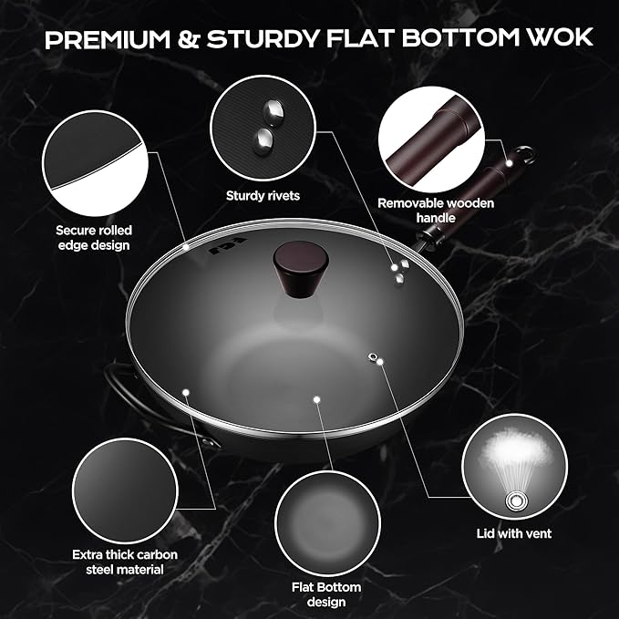 Wok, 13 Inch carbon steel wok pan with steamer & stir-fry pans nonstick, Pre-Seasoned 5.8QT Flat Bottom Chinese Woks Paella Pan with lid, Carbon Steel Cookware, Compatible with All Cooktops