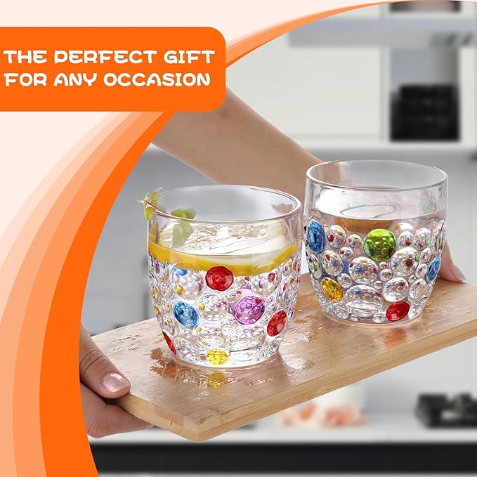 Handmade Crystal Water Glasses, So Cute, Colored Beaded, Set of 6, Bubble Design, 11oz Modern Hobnail Drinking Glasses, for Water,Whiskey, Wine, Beer,Juice,Cocktail,Coffee, Champagne, Gift
