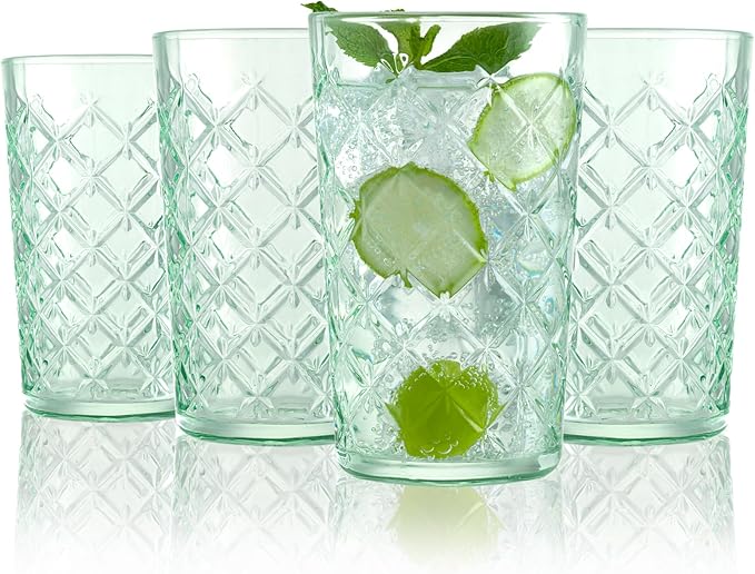 CREATIVELAND Drinking Highball Glasses Set of 4, Vintage Cross Hatch Glass Cups, 15.5oz Tall Drinking Water Glasses, Dishwasher Safe Green Glass Tumbler Glassware for Water, Juice, Cocktail, Coffee