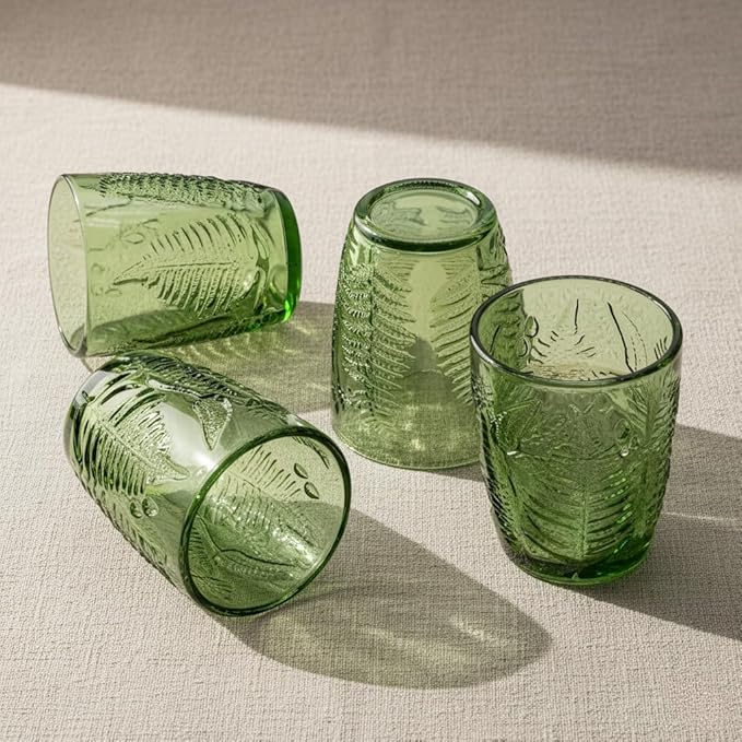 Vintage Green Drinking Glasses Set of 8 - 10 oz Hand-Pressed Deep Textured Glass Cups, Fern Embossed Retro Vintage Glassware, Decorative Cocktail Tumblers for Home & Bar, Colored Drinkware Gift Set