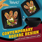 Teivio 32-piece Plastic Wheat Straw Square Dinnerware Set for 8, Unbreakable Dinner Plates, Salad Plates, Snack Bowls, Tumblers, Dishwasher Safe, Black