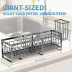 Extra Large Extendable Sponge Holder for Kitchen Sink, Rustproof Sink Caddy Organizer with High Brush Holder, Dish Soap Dispenser Organizers and Storage (Gray)