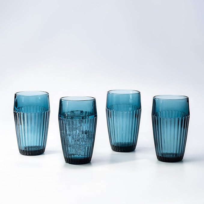 Blue Drinking Glasses Set of 4, 14 oz Ribbed Textured Glass Tumblers, Tall Retro Colored Drinkware for Water & Cocktails, Decorative Highball Glasses for Home & Bar, Modern Vintage Glassware Gift Set