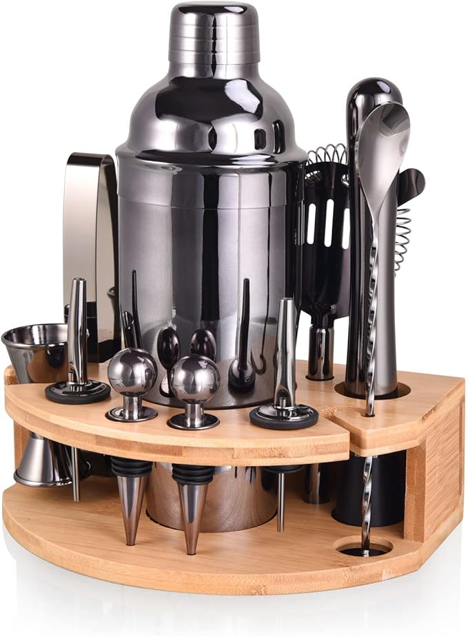 Bartender Kit with Stylish Bamboo Stand, 12 Piece 25oz Cocktail Shaker Set for Mixed Drink, Professional Stainless Steel Bar Tool Set, Gift for Man Dad- Cocktail Recipes Booklet (Grey)