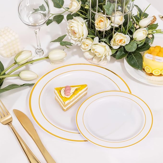 NOCCUR 200PCS Gold Plastic Plates - 100 Dinner / 100 Dessert Disposable Plates Heavy Duty - Ideal for Wedding/Party/Christmas