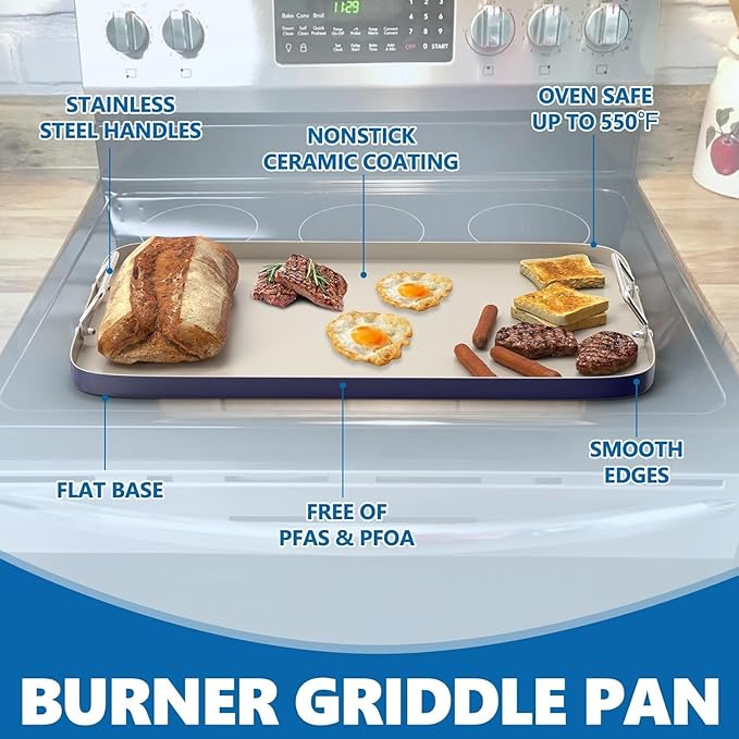 SafBbcue 20" x 13" Double Burner Griddle Pan, Non-Stick Ceramic Coated, for Outdoor Gas Pellet Grill, Stove Top Charcoal Grills, for Weber Charbroil Camp Chef Grill, Blue
