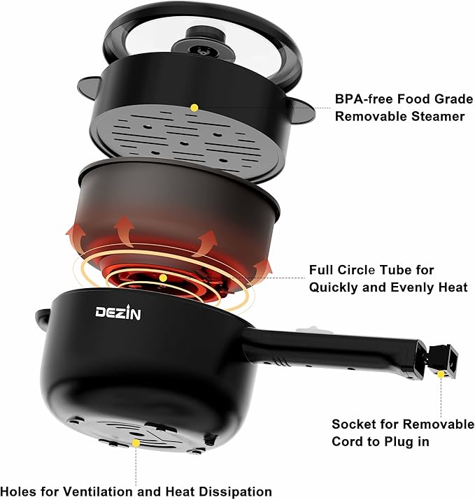 Dezin Hot Pot Electric, 2L Non-Stick Sauté Pan, Rapid Noodles Cooker, Mini Portable Pot for Steak, Egg, Fried Rice, Ramen, Oatmeal, Soup with Power Adjustment & Spatula, College Dorm Room Essential