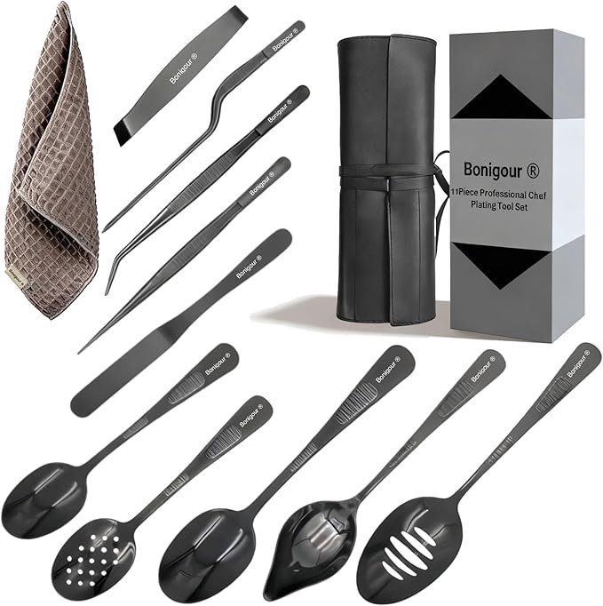 | Plating Tools Culinary Set | 11 Piece Professional Chef Plating Tools Pro Kit | Kitchen Plating Utensils | Modernist Cuisine Food Art | Stainless Steel | Black (Black)