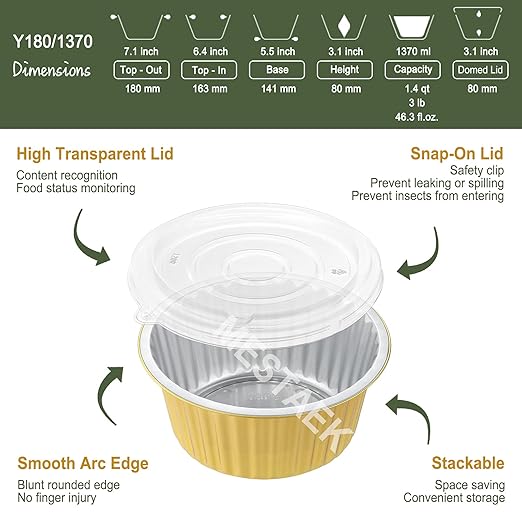 7" Deep Round Aluminum Foil Pans with Lids (5 Pack), Heavy Duty Grease-Resistant Foil Containers for Baking, Heating, Meal Prep & Food Storage, 3" Depth, 46oz