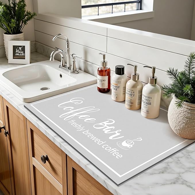 Findosom Dish Drying Mat, 17"x 32" Super Absorbent & Hide Stain Coffee Mat, Cuttable Drying Mat for Kitchen Counter, Coffee Bar Accessories, Under Dish Rack, Coffee Maker, Espresso Machine, LightGrey