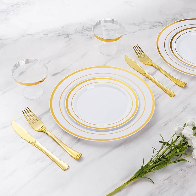 Goodluck 300 Pieces Gold Disposable Plates for 50 Guests, Plastic Plates for Party, Wedding, Dinnerware Set of 50 Dinner Plates, 50 Salad Plates, 50 Spoons, 50 Forks, 50 Knives, 50 Cups