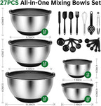Deedro Premium Mixing Bowls with Airtight Lids Set, 22Pcs Thicker Stainless Steel Mixing Bowl Set, Large Prep Metal Bowls, Non-Slip Silicone Base Nesting Bowls for Kitchen, 1.5/2/3/4/5 QT, Black