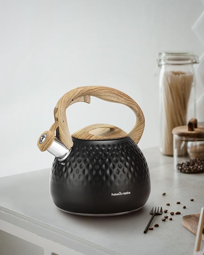 Hauce Radio Tea Kettle Stovetop,2.5QT Stainless Steel Whistling Teapot for Stove Top Aesthetic,Portable Water Kettles Camping with Anti-hot Silicone Handle,Suitable for All Heat Sources,Black