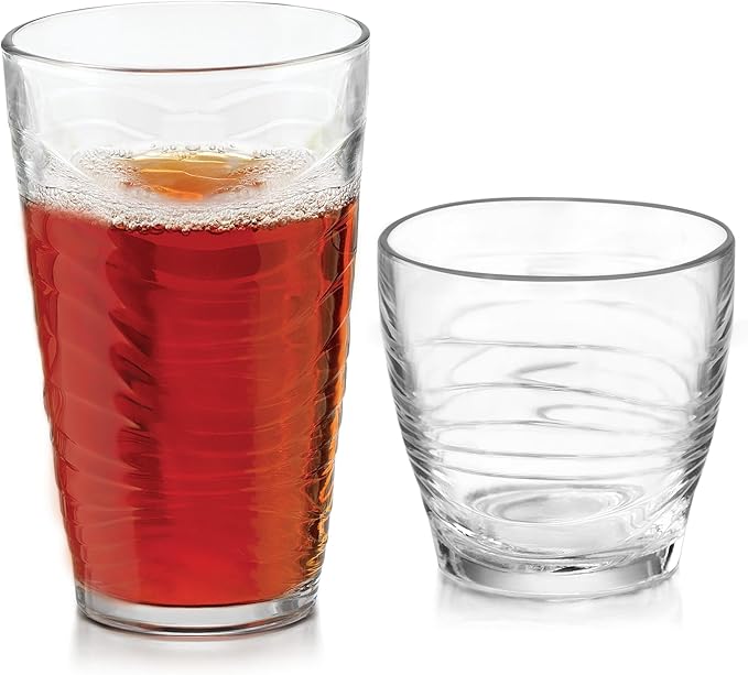 Libbey Orbita Rocks and Tumbler Drinking Glasses Set of 16, Durable Glass Cups Set with Wave Pattern, Glassware Drinking Glasses for Any Occasion
