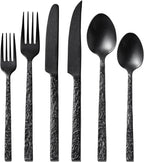 KINGSTONE 24 Pcs Black Hammered Silverware Set with Steak Knives for 4, 18/10 Stainless Steel Heavy Duty Flatware Set, Tableware Cutlery Utensil Sets for Home Restaurant Dishwasher Safe