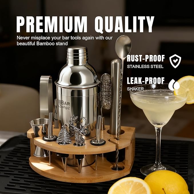 Silicone Pad Included Cocktail Shaker Set Bartender Kit,Mixology Bartender Kit 13-Piece with Bamboo Stand,Martini Shaker Kit with All Essential Accessory Tools for Drink Mixing Gift for him or her