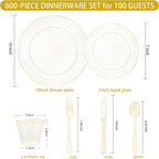 WELLIFE 600 PCS Gold Glitter Disposable Dinnerware Set for 100 Guests, Plastic Plates for Party, Including 100 Dinner Plates, 100 Salad Plates,Cups,Silverware Set for Wedding and Party Supplies