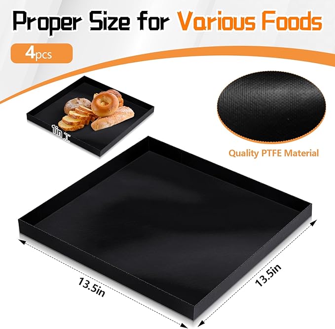 Teenyyou 4 Pcs 13.5 x 13.5 x 1inch Non-stick Ptfe Oven Trays Reusable Solid Baking Basket Easy Clean Heat Resistant Black Quick Oven Accessories for Heating Chips Chicken Snacks in Restaurant Kitchens