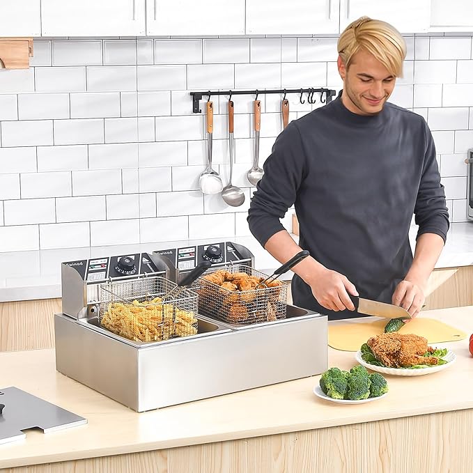 Commercial Deep Fryer with Baskets, 3400W 12.7QT/12L Thickened Stainless Steel Countertop Electric Oil Fryer, Large Capacity with Temperature Control