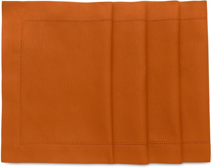 Solino Home Cotton Linen Placemats Set of 4 - Hemstitch Cinnamon Placemats 14 x 19 Inch - Machine Washable Table Mats