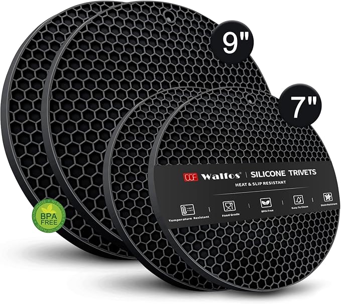 Silicone Trivet Mats - Walfos Heat Resistant Pot Holders Set, 4pcs 2 Sizes 7 Inch & 9 Inch, Multipurpose Non-Slip Hot Pads for Hot Pot, Hot Dishers, Jar Opener, Food Grade & BPA Free (Black)