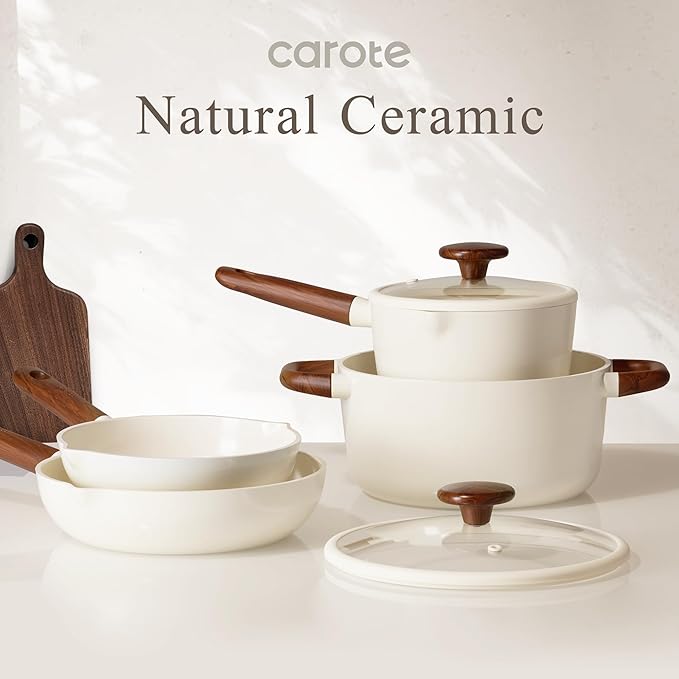 CAROTE 21pcs Cookware Set Nonstick Pots and Pans Set, Ceramic Cookware Set Induction Cookware, Non toxic Healthy Non Stick Kitchen Cooking Set, PFAS PTFE Free, White