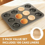 Artcochan 2 Pack Muffin Pan with 100 Cupcake Liners, 12 Cup Nonstick Cupcake Pan for Baking, Carbon Steel Baking Supplies Muffin Tin