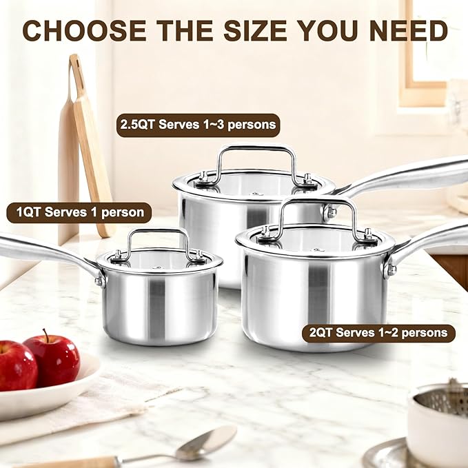 DELARLO Stainless Steel Small Brushed Saucepan With Lid, Induction Cooking Sauce Pot Pan, Full-body Clad Tri-Ply Heavy Duty Saucier Cookware, Dishwasher Safe & Oven Safe(2 Quart)
