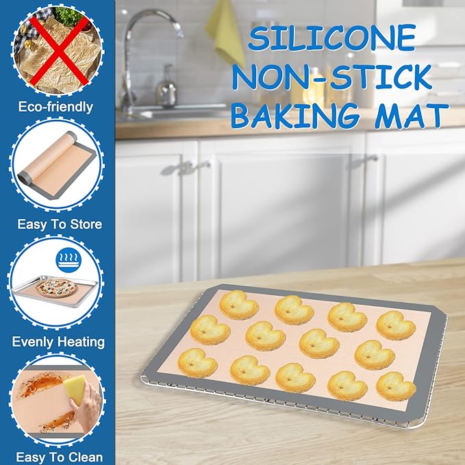 P&P CHEF 16 x 12 x 1 Inch Toaster Oven Pan with Grid Rack and Silicone Mat, Stainless Steel Toaster Oven Tray Baking Pan with Cooling Roasting Rack, Dishwasher Safe (3Pcs)