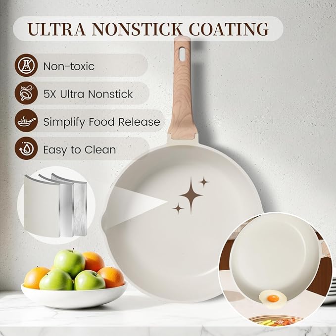 Kikcoin 16Pcs Ceramic Pots and Pans Set Non Stick, Includes a 9.5" Grill Pan, Induction Kitchen Cookware Sets, White Nonstick RV Kitchen Camping Cooking Sets Stackable (PTFE, PFOS, PFOA Free)