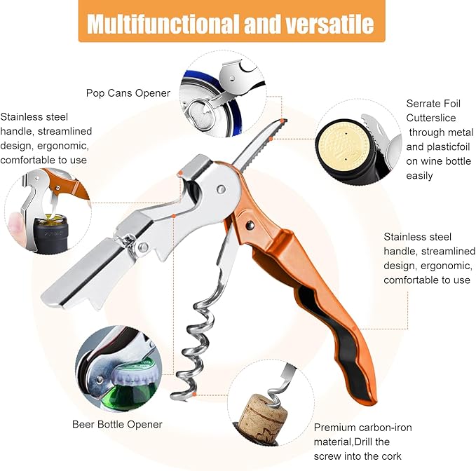 6 Pieces wine key wine opener Professional Waiter Corkscrews Stainless bottle opener Fold Serrated Foil Cutter Key for Family, Company Party,Bars,Restaurants(orange)