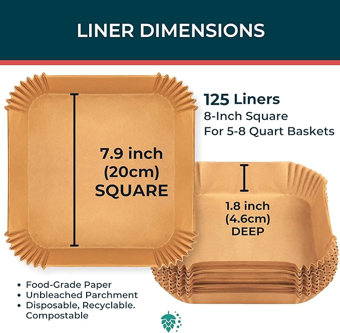 Cathy Yoder's AirFryer Paper Liners, 125 PCS 8-inch Square Air Fryer Liners Disposable, Premium, Food-Grade Easy Cleanup Air Fryer Parchment Paper Sheets, Airfryer Liner for 5-8QT, Baking & Roasting