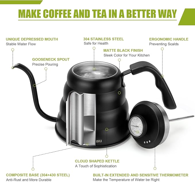 Tea Kettle with Thermometer Pot Black Stovetop Tea Kettle 40oz Gooseneck Kettle Teapot Pour Over Coffee Kettle with Thermometer,1200ml,5 Cup,Black,1Pack