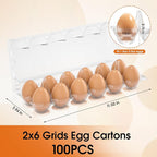 100 Pack Plastic Egg Cartons Cheap Bulk, 12 Count Clear Egg Containers for Fresh Chicken Eggs, 2x6 Grids Refrigerator Egg Trays for Refrigerator Storage, Chicken Farm, Market Display & Commercial Use