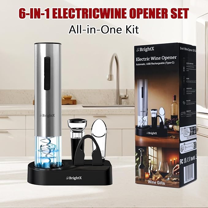 BRIGHTX Premium Electric Wine Bottle Opener Gift Set – Rechargeable Cork Screw with Foil Cutter & Charging Base – Automatic Cork Remover, Wine Accessories Kit | Best Wine Gifts for Wine Lovers, Women