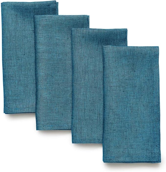 Solino Home Linen Napkins Set of 4-100% Pure Linen Chambray Teal Dinner Napkins Cloth 20 x 20 Inch - Athena, Handcrafted and Machine Washable