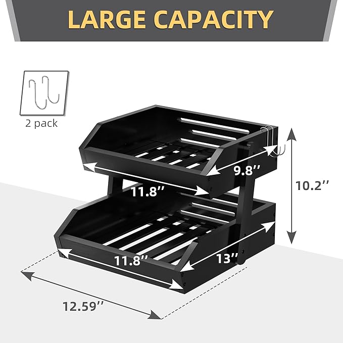 Bamboo 2 Tier Fruit Basket for Kitchen Counter, Large Capacity Fruit Storage Countertop, Fruit Holder, Wood Pantry Organizers and Storage, Kitchen Countertop Organizer With Two Banana Hangers (Black)