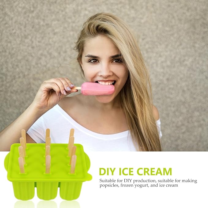 Silicone Ice Lolly Mold 12-grid Ice Treat Maker with Sticks, Flexible Non-stick Ice Cream Making Tool for Homemade Chilled Desserts, Green Color, Kitchen Specialty Gadget