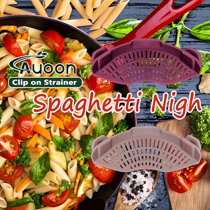 AUOON Silicone Clip on Strainer - Adjustable Strainers and Colanders for All Pots Pans and Bowls | Practical Kitchen Gadgets for Cooking and Draining (Cherry)
