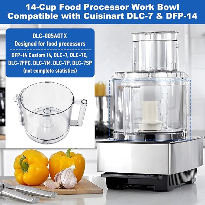 DLC-005AGTXT1 14-Cup Capacity Food Processor Working Bowl - Compatible with Cuisinart DFP-14 Series, Equipped with 4 Locking Clips, Suitable for DFP-14NWBCT1 Working Bowl Lid