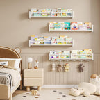34Inch Nursery Bookshelves,Set of 4,Wall Floating Shelf Kids Coat Rack with 6Hooks,Hanging Book Shelf for Baby Nursery Room Décor ，Patent Number: 29958098(White, 34)