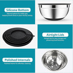 20-Piece Mixing Bowls Set with Airtight Lids – 6 Stainless Steel Kitchen Bowls (4.5QT, 4QT, 3.5QT, 2.1QT, 1.5QT, 1.1QT), 3 Grater Attachments, Non-Slip Silicone Bottoms, Perfect for Baking & Serving