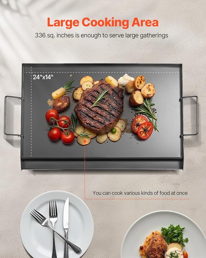 VEVOR Carbon Steel Griddle, 24x16 inch Universal Flat Top Rectangular Plate, Gas Grill Griddle for BBQ Grill, Teppanyaki, Portable Family Cookware with Handle, for Camping Tailgating Party