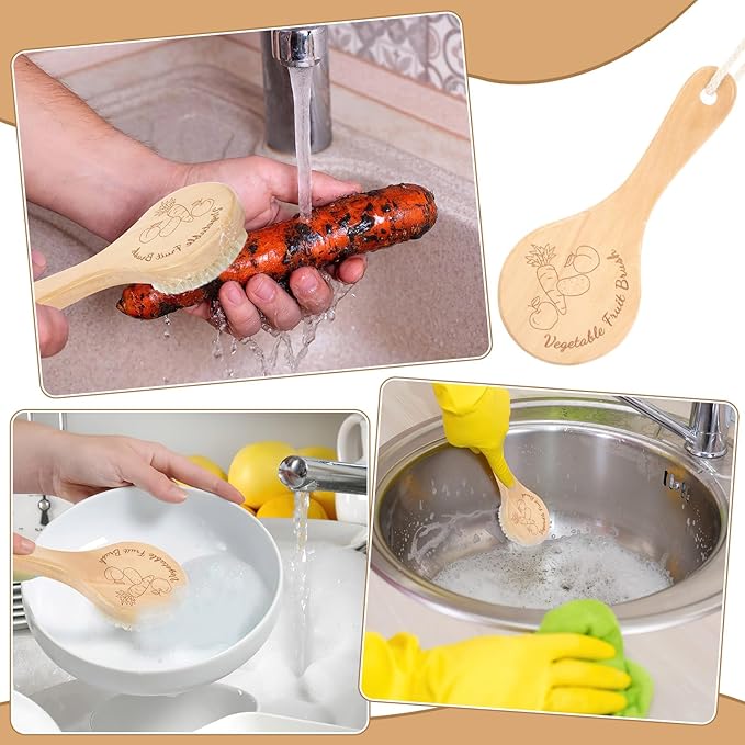 Vegetable Brush, Cleaning Brush with Long Handle for Potato Carrot Cucumber and Fruits Veggie Wash Brushes Wooden Dish Brush for Pans Pots Fruits Vegetable