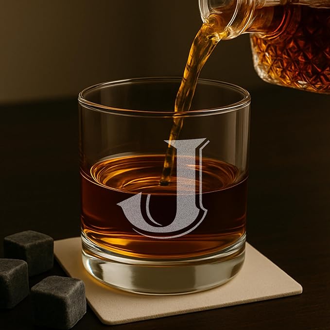 On The Rox (J-Monogram)- 4 Piece Set of 11 Ounce Engraved Heavy Base Rocks Glasses- Quality Elegant Glass-Multi-Purpose Beverage-Rocks Glass- Gift for any Occasion Drinks