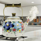 Vintage Enamel Tea Kettle, Blue Floral Pattern Stovetop Teapot with Gold Handle, 2.5L Enamel Kettle Kitchen Decor, Ideal Gift for Housewarming Camping Coffee Pot